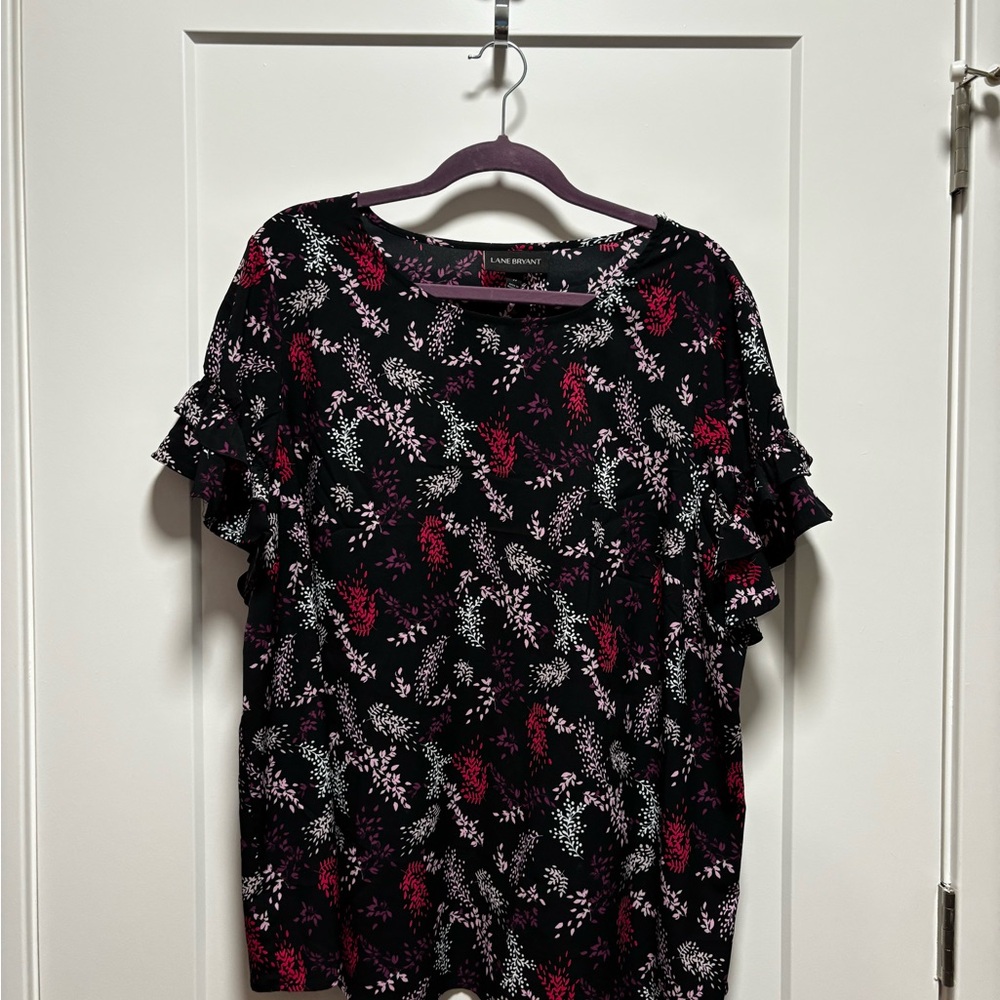Lane Bryant Black Floral Ruffle-Sleeve Blouse with Pink Accents